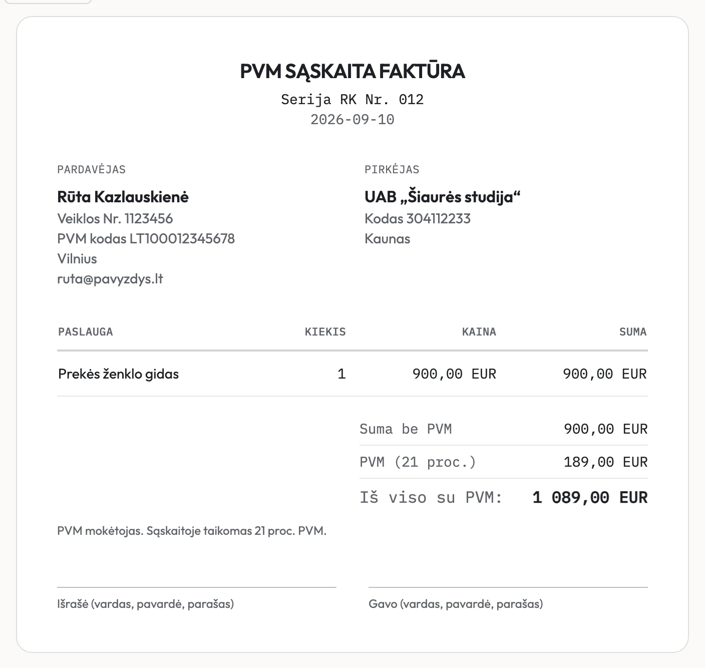 ManoIDV PVM sąskaitos faktūros peržiūra: pavadinimas PVM SĄSKAITA FAKTŪRA, pardavėjo PVM kodas, suma be PVM 900 EUR, PVM 21 proc. 189 EUR ir iš viso su PVM 1 089 EUR