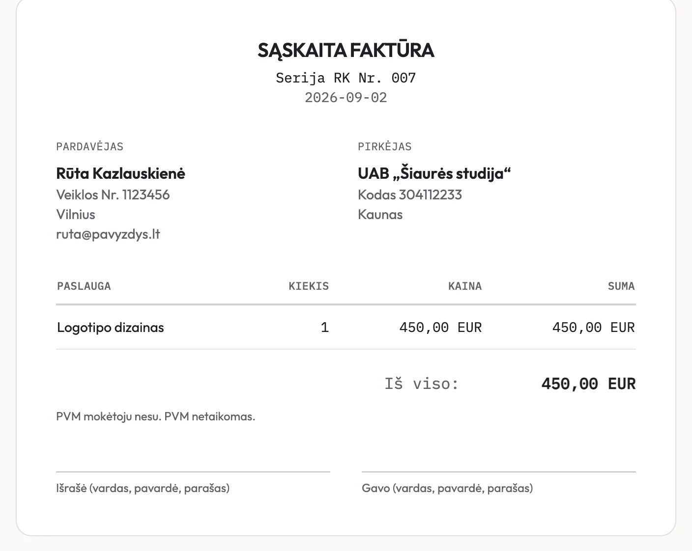 ManoIDV išrašyta sąskaita faktūra: serija ir numeris, pardavėjas, pirkėjas su įmonės kodu, paslauga, suma, PVM pastaba